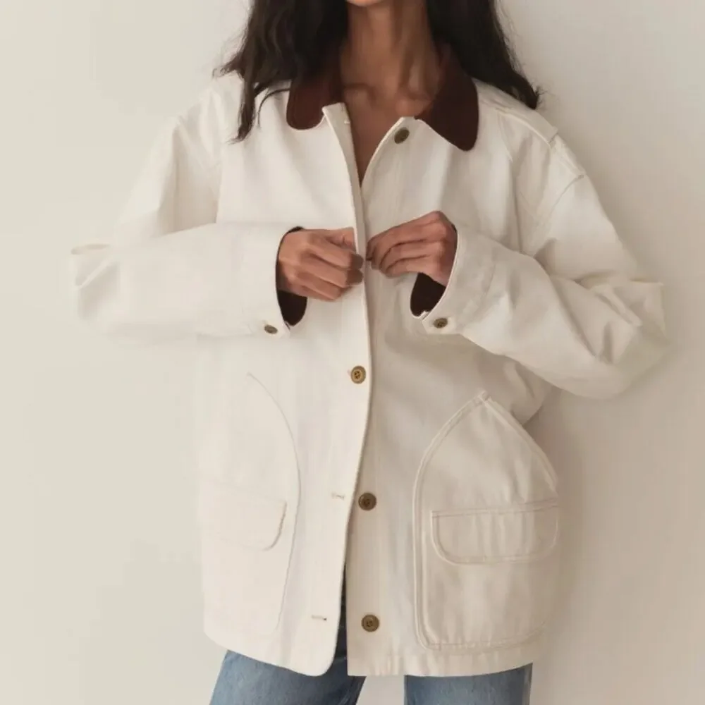 NWT Doen Pascual Cotton Denim Jean Corduroy Collar Button Barn Jacket Salt White
